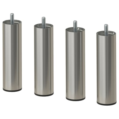 Four stainless steel legs with screws, sleek and cylindrical, designed for furniture, laid out uniformly.