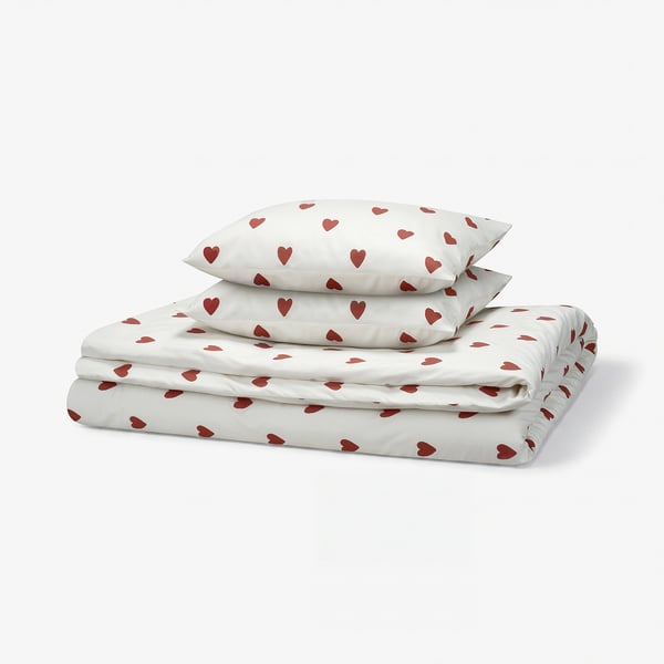 BJÖRNBÄRBUSKE Duvet cover and 2 pillowcases, heart pattern white/red, 240x220/50x60 cm