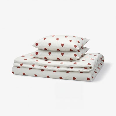 BJÖRNBÄRBUSKE Duvet cover and 2 pillowcases, heart pattern white/red, 240x220/50x60 cm