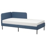A BLÅKULLEN sofa bed in blue, with upholstered sides, a headboard for comfort, and black metal legs.