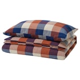 This image shows a folded red, blue, and white checkered BLÅSENAP flannel duvet cover set made from 100% cotton.