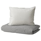 A grey BLÅVINDA duvet cover set with a striped pillowcase, made of 100% cotton.