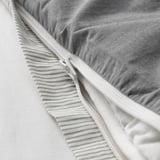Close-up of a neatly made bed with a zippered white cotton duvet cover, showing crisp, cool fabric and striped detail.
