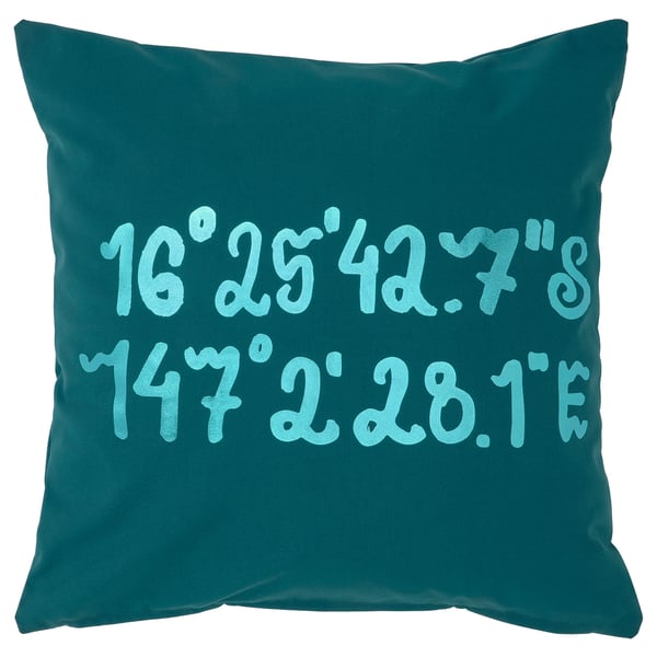 Teal square cushion with white and blue coordinates print. Recycled polyester cover.