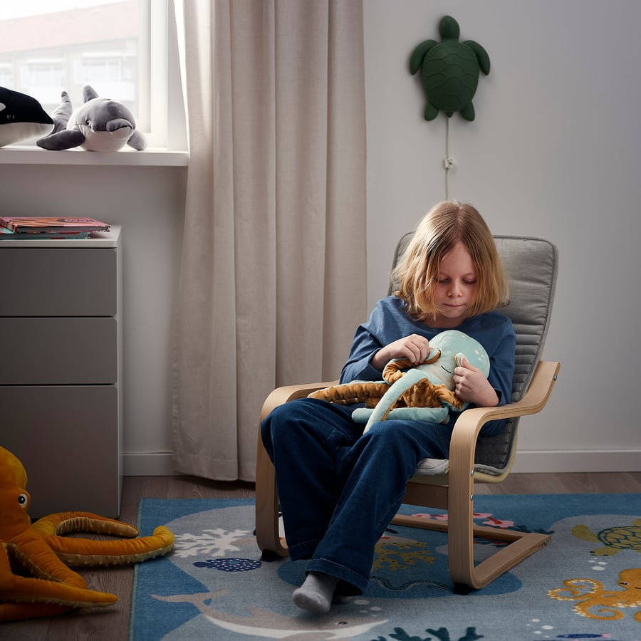 BLÅVINGAD soft toy with LED night light, turquoise octopus/battery