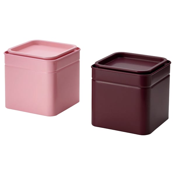 BLOMNING Tin with lid, brown-red/pink for coffee/tea, 10x10x10 cm