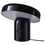 A modern black BLOMPRAKT speaker lamp with a sleek design and adjustable light.