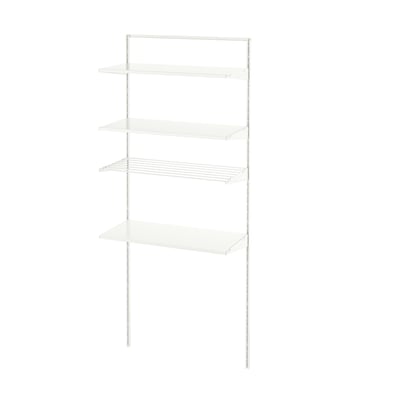 White BOAXEL wall shelf, metal & wood. Four-tier storage, modern minimalist design.