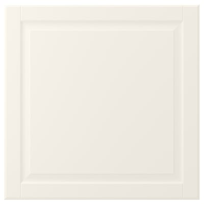 White BODBYN cabinet door with beveled panel and smooth finish.