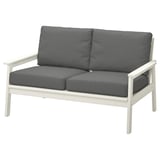 Outdoor 2-seat sofa, gray cushions, white acacia wood frame.