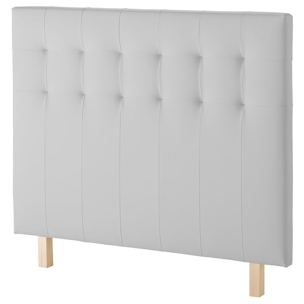 A light gray BORGANN headboard with square tufting and wooden legs.