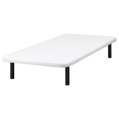 A white BRASÖY bed base with a sleek design and black legs.