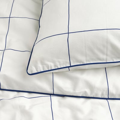 BREDVECKLARE duvet set, white with blue grid, smooth cotton-viscose blend, rectangular with piped edges.