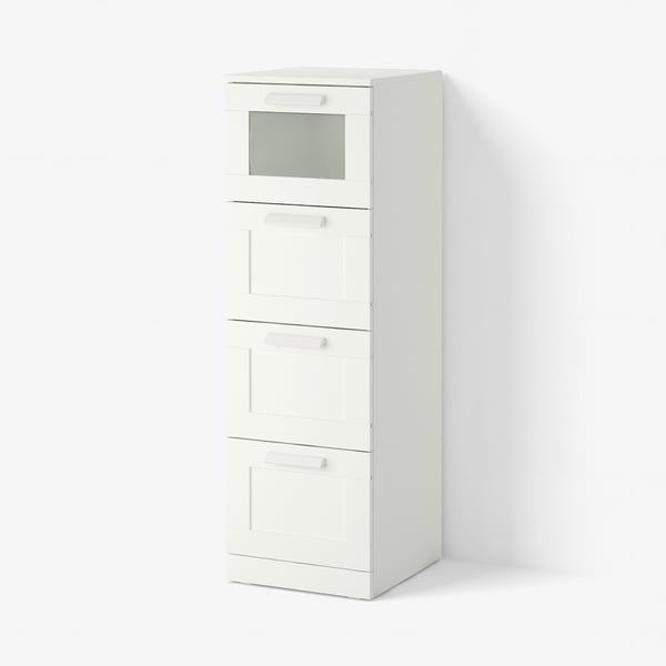 BRIMNES Chest of 4 drawers, white/frosted glass, 39x46x124 cm