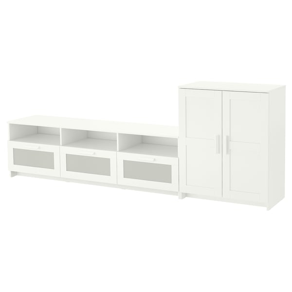 White BRIMNES tv unit & cabinet set. Sleek, rectangular design with glass doors, adjustable shelves and cable outlets.