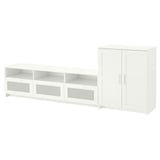 White BRIMNES tv unit & cabinet set. Sleek, rectangular design with glass doors, adjustable shelves and cable outlets.