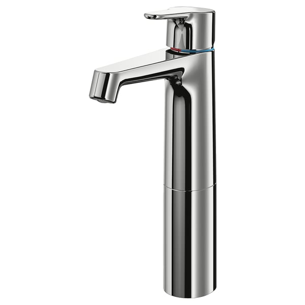 A BROGRUND chrome faucet with sleek, modern design. Its tall, cylindrical with a curved spout, made of brass.