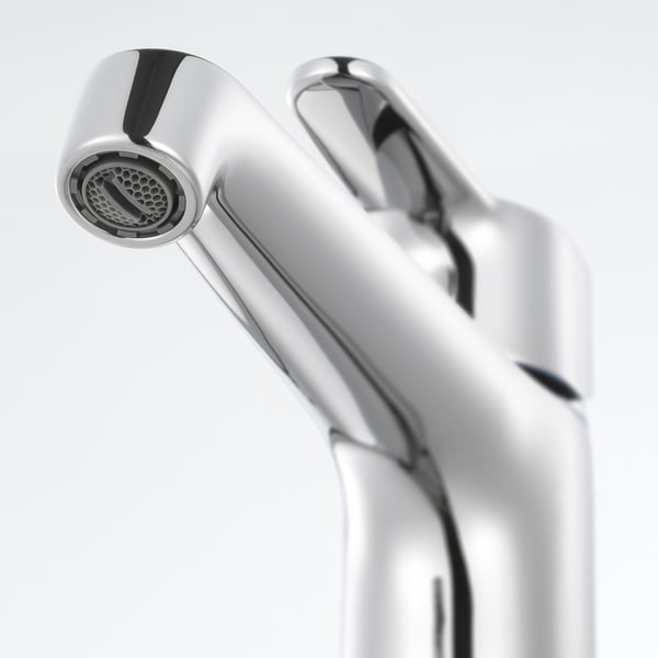 Modern chrome faucet with aerator, sleek design, high-quality finish.