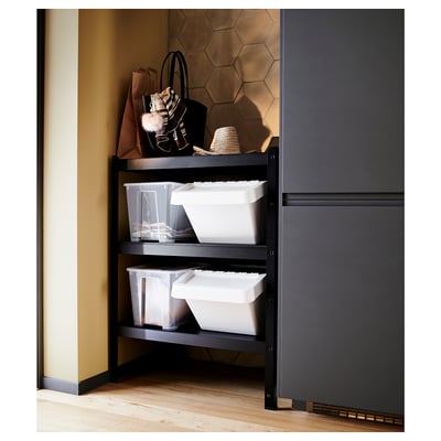 A black BROR three-tier metal storage unit. Its square-shaped with adjustable shelves, ideal for heavy items.