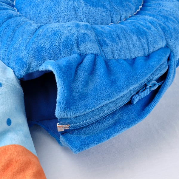 Blue plush snail-shaped pillow with zipper, perfect for kids to cuddle. Recycled polyester filling keeps its shape.