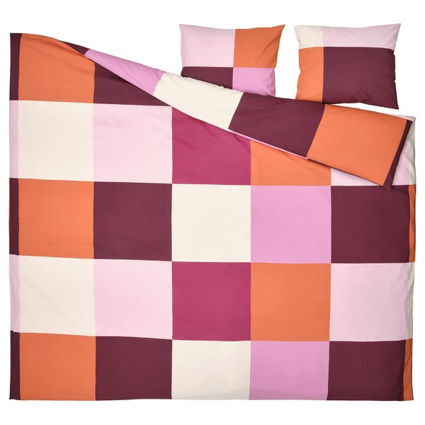 Colorful checkered duvet set. Purple, orange, white squares, soft cotton blend.