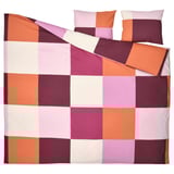 Colorful checkered duvet set. Purple, orange, white squares, soft cotton blend.