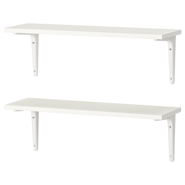 Two white BURHULT wall shelves with white brackets.