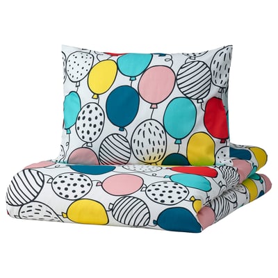BUSENKEL bedding with a colorful balloon pattern in various shapes and sizes on white fabric, made of 100% cotton.