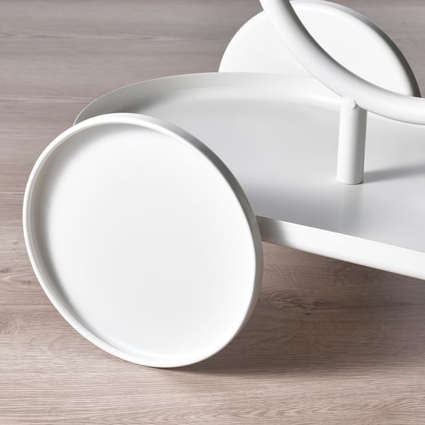 Modern white plant stand with circular shelves, clean lines, and wheels, ideal for displaying multiple plants.