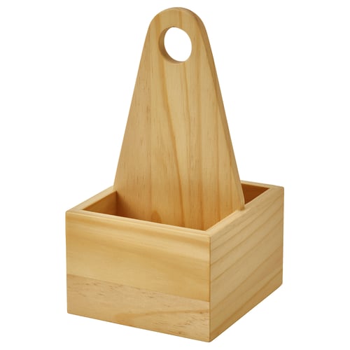 Small wooden box with handle, natural light brown, square base, angled top.