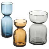 Three colored glass vases: blue, amber, gray. Perfect for flowers or plants.