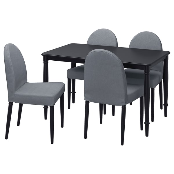 Black rectangular dining set with 4 grey chairs, steel legs, easy-clean top.