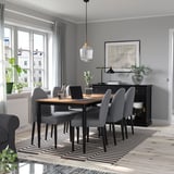 Modern dining room with DANDERYD 6-seat gray set. Table has wooden top, steel legs. Large window, plant, artwork, striped rug.