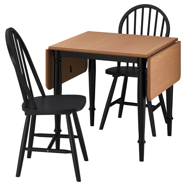 Black furniture set - drop-leaf table & 2 chairs, wooden tops, metal legs, compact.