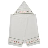 A white DRÖMSLOTT hooded towel for babies. Made with soft lyocell and organic cotton, it cute colorful bath figures around the border.