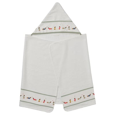 A white DRÖMSLOTT hooded towel for babies. Made with soft lyocell and organic cotton, it cute colorful bath figures around the border.