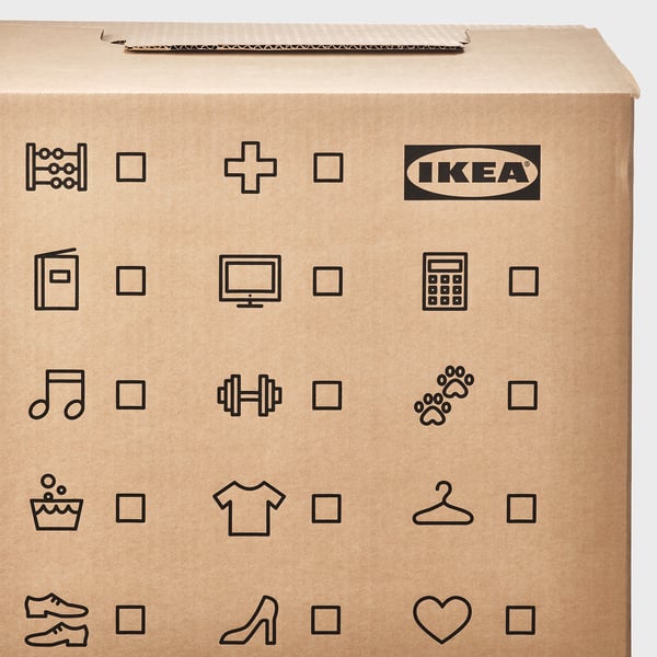 Cardboard box with various icons and ikea logo, suitable for moving and organizing items.