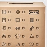 Cardboard box with various icons and ikea logo, suitable for moving and organizing items.