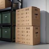 Two stacked ikea storage boxes with symbols on them near metal shelves.
