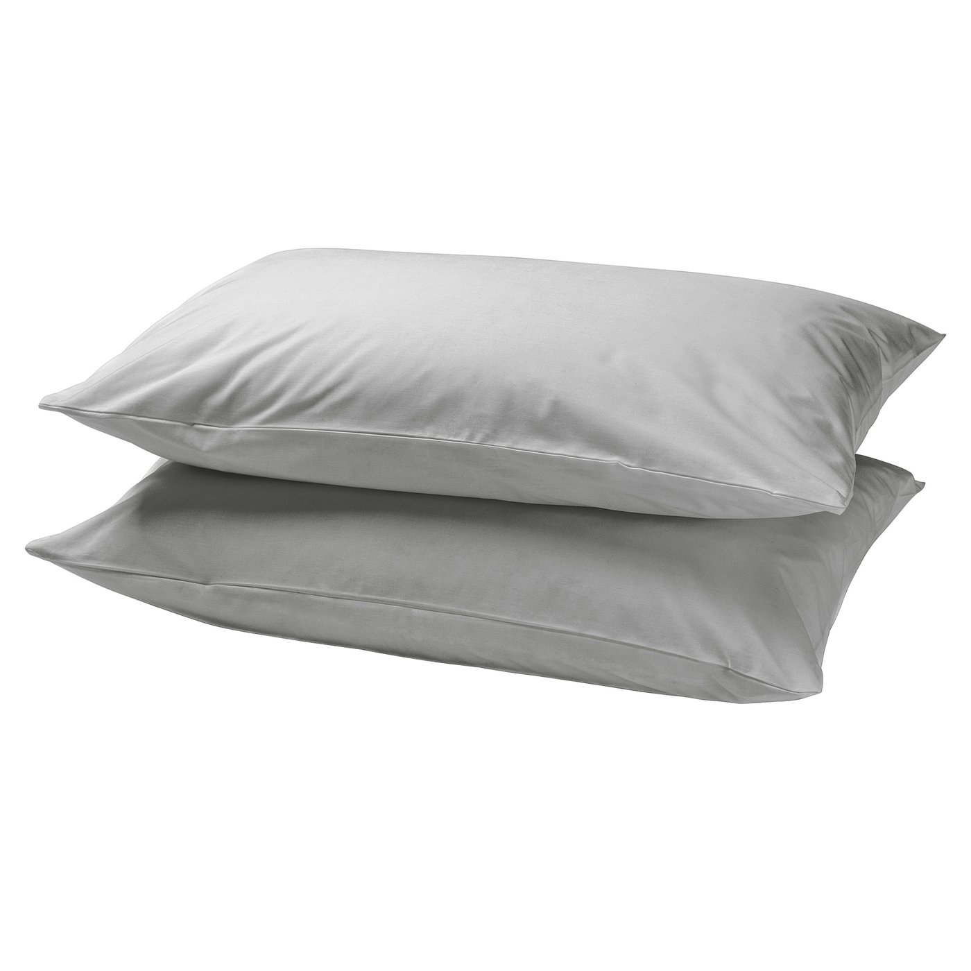 Two silver grey, silk-like pillows stacked neatly.