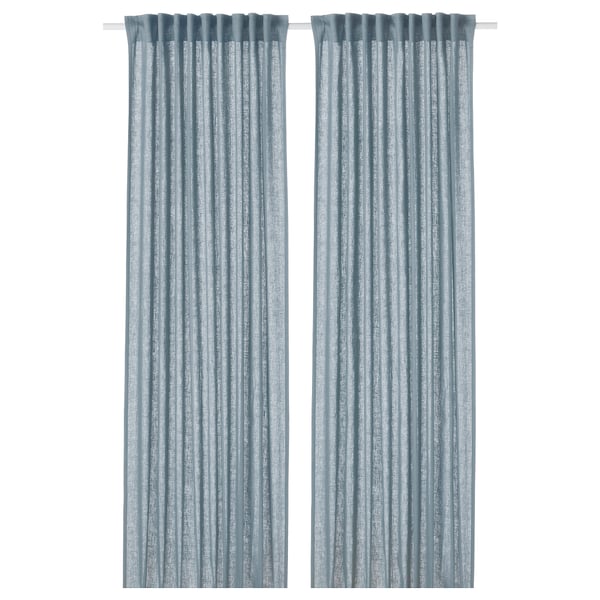 Two blue-gray curtains hang side by side, featuring a subtle, crushed linen texture for a casual look, with a heading tape for easy installation.