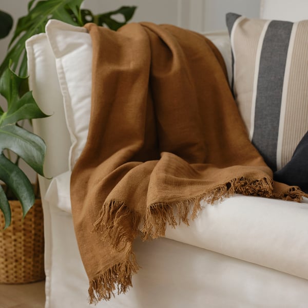 Brown fringed throw blanket on white couch with green plant nearby.