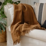 Brown fringed throw blanket on white couch with green plant nearby.