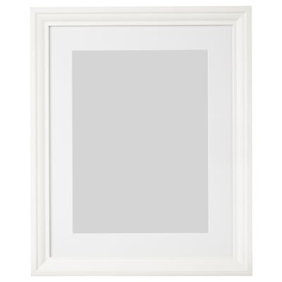 White picture frame, rectangular, simple design, with plastic front protection.