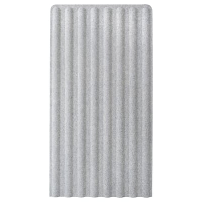 A gray EILIF office screen, rectangular, with horizontal lines and made of recycled polyester fabric.