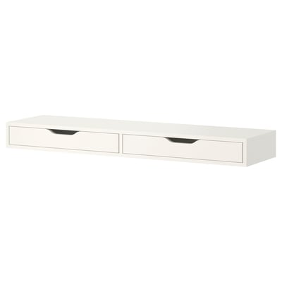 An EKBY ALEX white wall shelf with two drawers. Minimalist design, rectangular shape. Made of particleboard and acrylic paint.