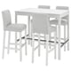 White square bar table with four matching stools, modern design, grey patterned fabric.