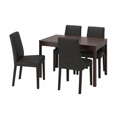 An EKEDALEN dining set with a dark brown rectangular table and four black leather chairs.
