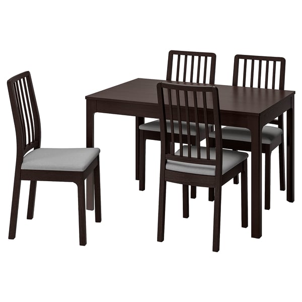 This image shows an EKEDALEN dark brown wooden dining set with four chairs and a rectangular table, featuring cushioned seats.