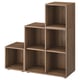 Brown wooden modular storage cubes in asymmetrical stack design.